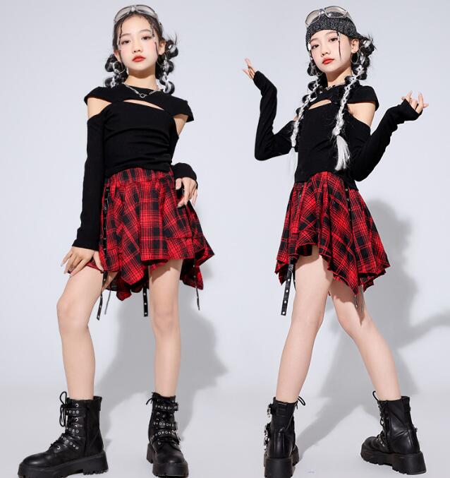 Rakuten - 女子ダンス衣装 ジャズダンス衣装 長袖シャツ 肩漏れ チェック柄スカート 不規則裾スカート ショートシャツ 子供ダンス衣装 女の子 ダンス衣装 イベント学園祭舞台ステージ衣装 演出服謝恩会 発表会 演奏会イベント　110-180cm