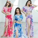 花柄プリント ベリーダンス衣装 フリル トップスショート丈3色 スリットあり ワンピース 柔らかい 見せパンツ 大人用ダンス衣装 エレガント スレッスン着 競技...
