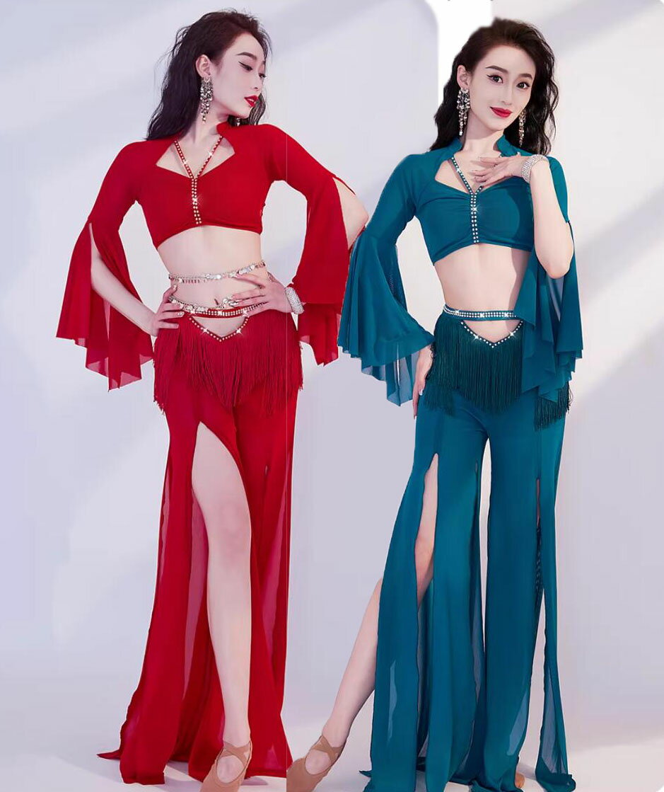 ベリーダンス衣装 ラッパ袖 トップスショート丈3色 スリットあり　ガウチョパンツ ロング丈パンツ 柔ら..