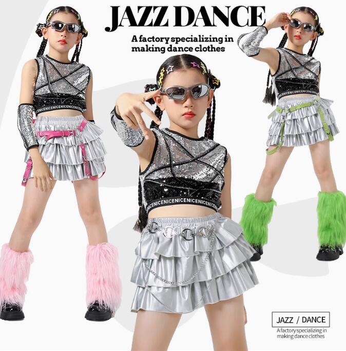 樂天商城 - ダンス衣装 スパンコールシャツ 3段フリルスカート 可愛い 光沢 袖カバー 女の子ジャズダンス衣装 ヒップホップ ダンス衣装 エレガント スレッスン着 競技着 おしゃれダンス衣装 ダンス教室 演出服ステージ衣装 ダンス練習着 ステージ衣装 舞台服 120-170cm