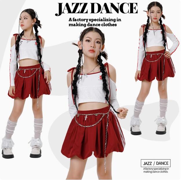 樂天商城 - 子供ダンス衣装 長袖シャツ 肩出し ジャズダンス 赤スカート 可愛い 女の子ジャズダンス衣装 ヒップホップ ダンス衣装 エレガント スレッスン着 おしゃれダンス衣装 ダンス教室 演出服ステージ衣装 ダンス練習着 ステージ衣装 舞台服 120-170cm