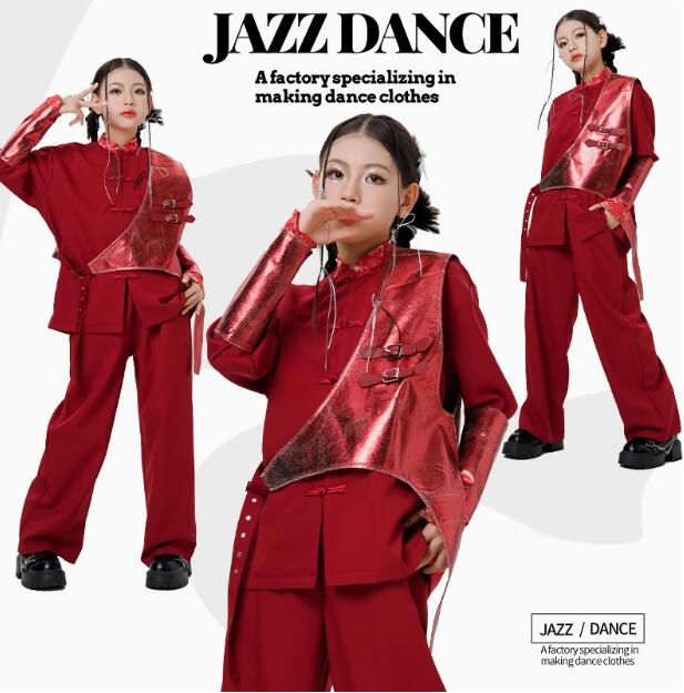 樂天商城 - 子供ダンス衣装 長袖シャツ +赤ロング丈パンツ 袖カバー 中華風 可愛いジャズダンス 女の子ジャズダンス衣装 ヒップホップ ダンス衣装 エレガント スレッスン着 おしゃれダンス衣装 ダンス教室 演出服ステージ衣装 ダンス練習着 ステージ衣装 舞台服 120-170cm