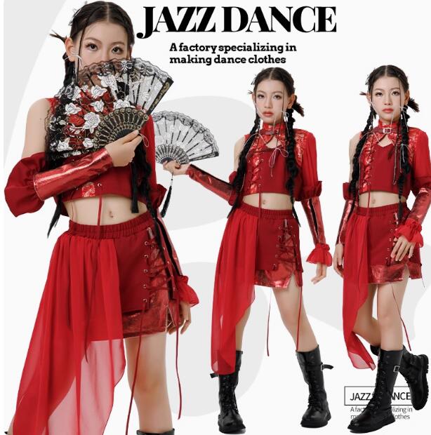 樂天商城 - 中華風ダンス 子供ダンス衣装 長袖シャツ +スカート袖カバー フリル 可愛いジャズダンス 女の子ジャズダンス衣装 ヒップホップ ダンス衣装 エレガント スレッスン着 おしゃれダンス衣装 ダンス教室 演出服ステージ衣装 ダンス練習着 ステージ衣装 舞台服 120-170cm