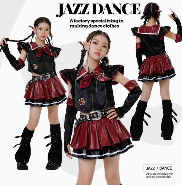 樂天商城 - 女の子PUスカート 制服 セーラー襟 ダンス衣装 ベルト 袖カバー ジャズダンス 可愛いジャズダンスヒップホップ エレガント スレッスン着 おしゃれダンス衣装 ダンス教室 演出服ステージ衣装 ダンス練習着 ステージ衣装 舞台服
