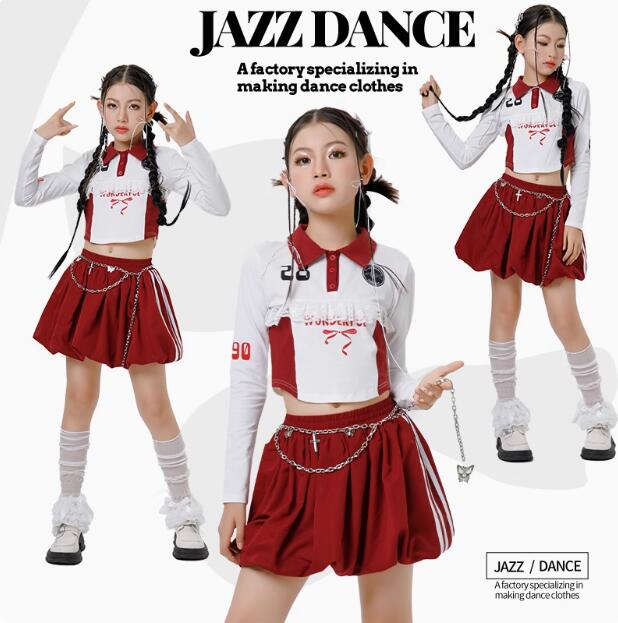 樂天商城 - 女の子スカート ポロシャツ襟 レーストップス 長袖 ダンス衣装 ベルト ジャズダンス 可愛いジャズダンスヒップホップ エレガント スレッスン着 おしゃれダンス衣装 ダンス教室 演出服ステージ衣装 ダンス練習着 ステージ衣装 舞台服