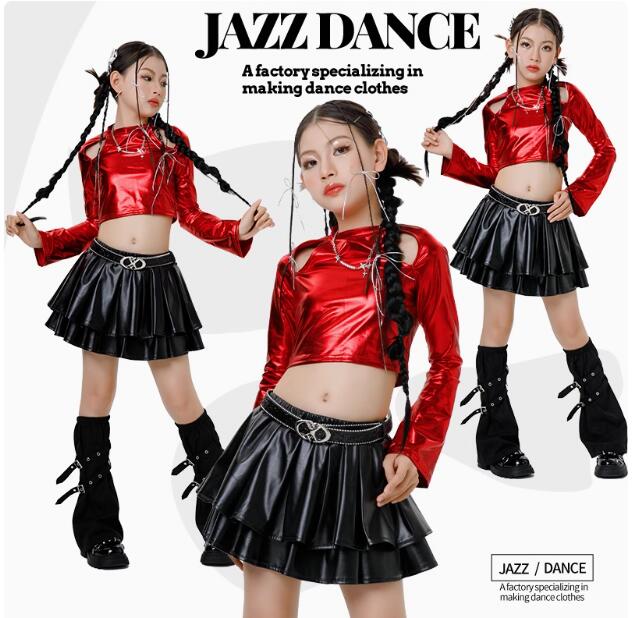 樂天商城 - 肩出しシャツ 女の子スカート 長袖 シャツ ダンス衣装 PUスカート ジャズダンス 可愛いジャズダンスヒップホップ エレガント スレッスン着 おしゃれダンス衣装 ダンス教室 演出服ステージ衣装 ダンス練習着 ステージ衣装 舞台服