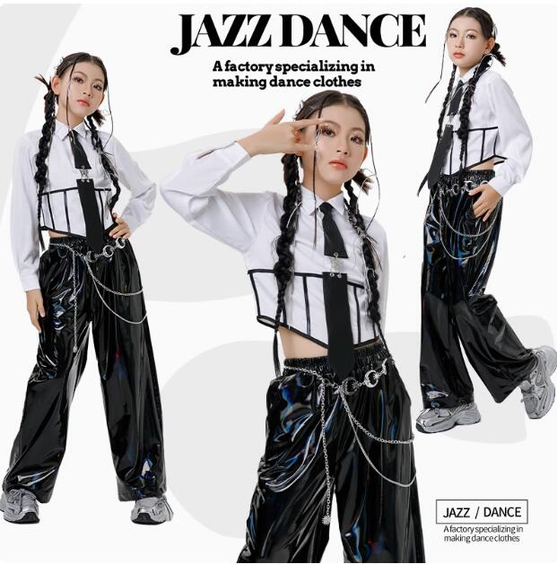 子供ダンス衣装 PUパンツ ロング丈パンツ ガーコパンツ 長袖 シャツ ジャズダンス 可愛い 女の子ジャズ..