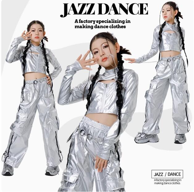子供ダンス衣装 光沢あり ロング丈パンツ PU長袖コートジャズダンス 可愛い 女の子ジャズダンス衣装 ヒップホップ ダンス衣装 エレガント スレッスン着 おしゃ...