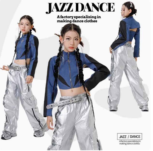 キッズダンス衣装 デニムキャミソール 長袖コート ロング丈パンツ ジャズダンス 可愛い 女の子ジャズダンス衣装 ヒップホップ ダンス衣装 エレガント スレッスン...