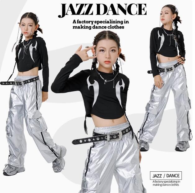 樂天商城 - キッズダンス衣装 黒長袖シャツ ロング丈パンツ 光沢ジャズダンス 可愛い 女の子ジャズダンス衣装 ヒップホップ ダンス衣装 エレガント スレッスン着 おしゃれダンス衣装 ダンス教室 演出服ステージ衣装 ダンス練習着 ステージ衣装 舞台服 120-170cm