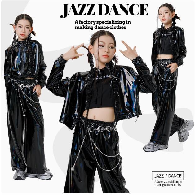 キッズダンス衣装 黒 長袖ジャケットコート ロング丈パンツ 光沢ジャズダンス 可愛い 女の子ジャズダンス衣装 ヒップホップ ダンス衣装 エレガント スレッスン着...