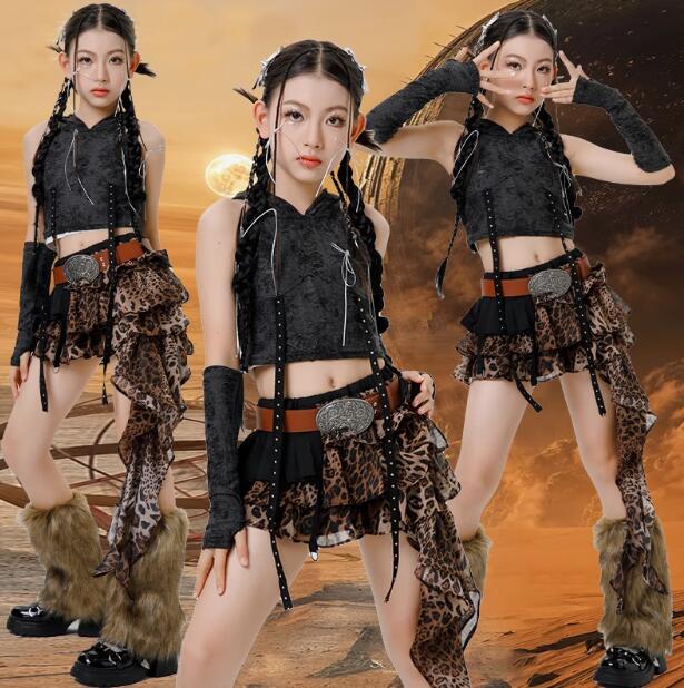 女の子ダンス衣装 豹柄スカート 帽子付きシャツ ダンス衣装 ジャズダンス 可愛いジャズダンスヒップホップ エレガント スレッスン着 おしゃれダンス衣装 ダンス教室 演出服ステージ衣装 ダンス練習着 ステージ衣装 舞台服