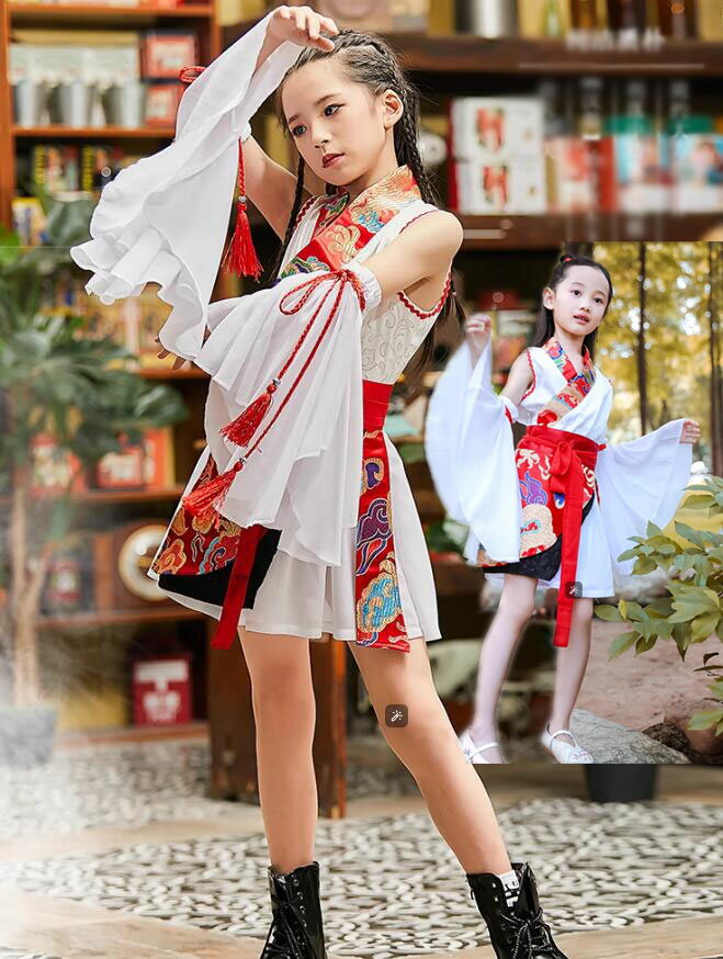 樂天商城 - 女の子ダンス衣装 中華風ダンス衣装 改良漢服 ダンス衣装 ワンピース フリル袖カバー 可愛い衣装 エレガント スレッスン着 おしゃれダンス衣装 ダンス教室 演出服ステージ衣装 ダンス練習着 ステージ衣装 舞台服 100-160cm