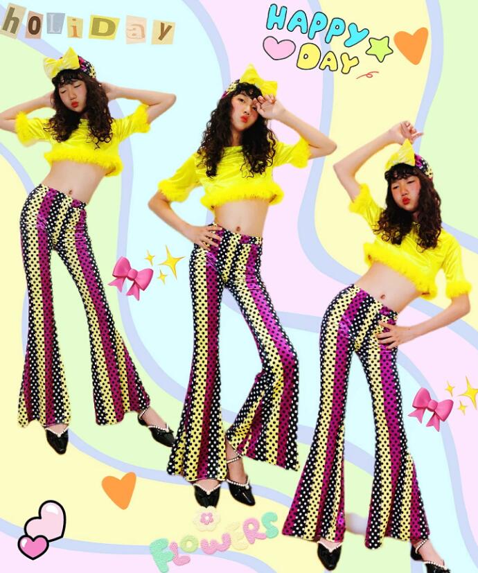 樂天商城 - 子供ダンス衣装 ドット柄ラッパパンツ ジャズダンス衣装 イエロートップス レトロ風キッズダンス衣装 女の子 子供ダンス服 パンタロンストレッチ 演出 ガールズ 団体 チアダンス ステージ チーム hippop イベント ファッションショーラテンダンス 復古風 社交ダンス