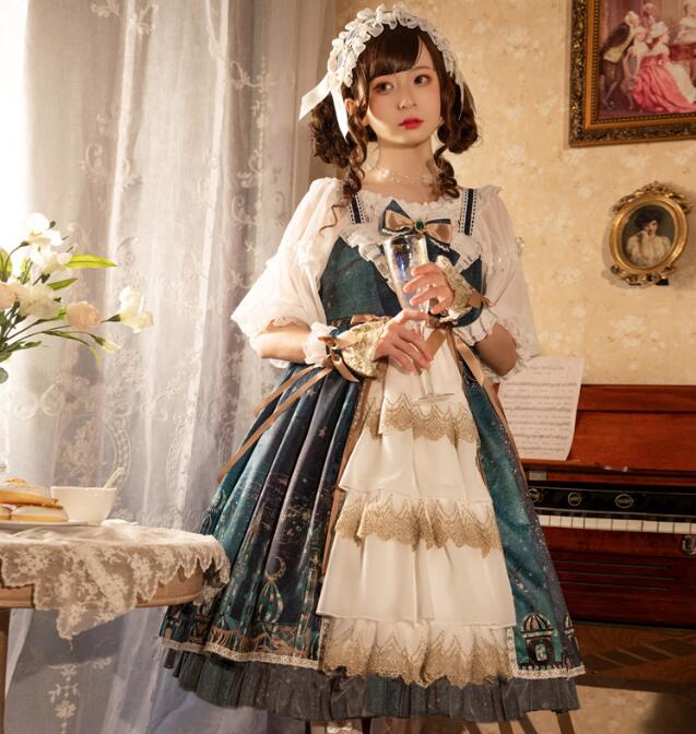 キャミソールドレス JSK 宮廷風ドレス ロリータ リボン付き コスプレ衣装 lolita ドレス 半袖ブラウス 追加ワンピース 森ガール ロング丈ドレス 豪華二次元ドレス ロリータ ゴスロリ Lolita コスプレ メイド服 姫様 魔女 仮装 変装　写真撮影cosplay