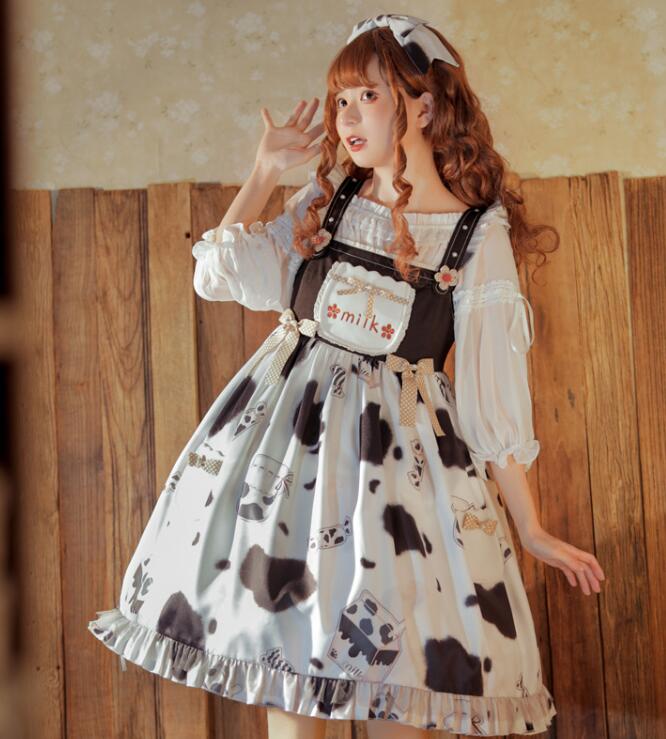 ジャンパースカート 乳牛 milk キャミソールドレス JSK ロリータ リボン付き コスプレ衣装 lolita ドレス ブラウス 追加ワンピース 森ガール ロング丈ドレス 豪華二次元ドレス ゴスロリ Lolita コスプレ メイド服 姫様 魔女 仮装 変装 写真撮影cosplay