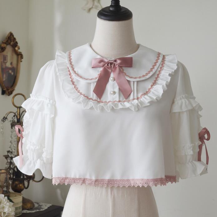 樂天商城 - lolitaブラウス 半袖 ショート丈ブラウス ロリータ ブラウス 洋服 シャツ 春秋夏 フリル 袖 半袖ブラウス エレガント 上品 パーティー 原宿 渋谷　シャツ　カーディガン レース　リボンブラウス シャツ