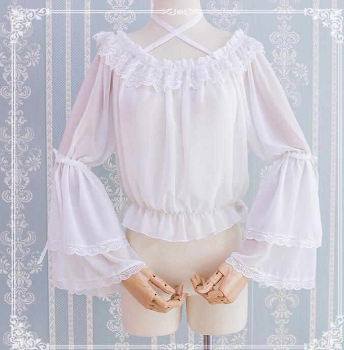 乐天商城 - 長袖シャツ ラッパ袖 2色 交差紐 ブラウス lolitaブラウス ロリータ ブラウス 洋服 シャツ 春秋夏 フリル 袖 ブラウス エレガント 上品 パーティー 原宿 渋谷　シャツ　カーディガン リボンブラウス シャツ