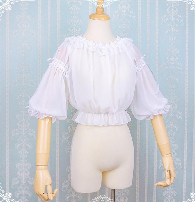 樂天商城 - パフスリーブシャツ 五分袖 2色 ブラウス lolitaブラウス ロリータ ブラウス 洋服 シャツ 春秋夏 フリル 袖 ブラウス エレガント 上品 パーティー 原宿 渋谷　シャツ　カーディガン リボンブラウス シャツ