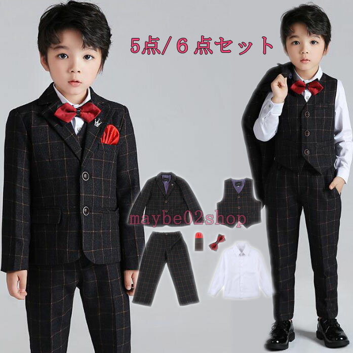 子供スーツセット 子供服 男の子 キッズスーツ チェック柄 黒 長袖フォマールスーツ5点 /6点セット 卒業式 入学式 ピアノ発表会 ジャケット 長ズボン ジレ ベスト ワイシャツ 司会者 結婚式 発表会 イベント 新年会 舞台ステージ衣装 春 秋 90-170m