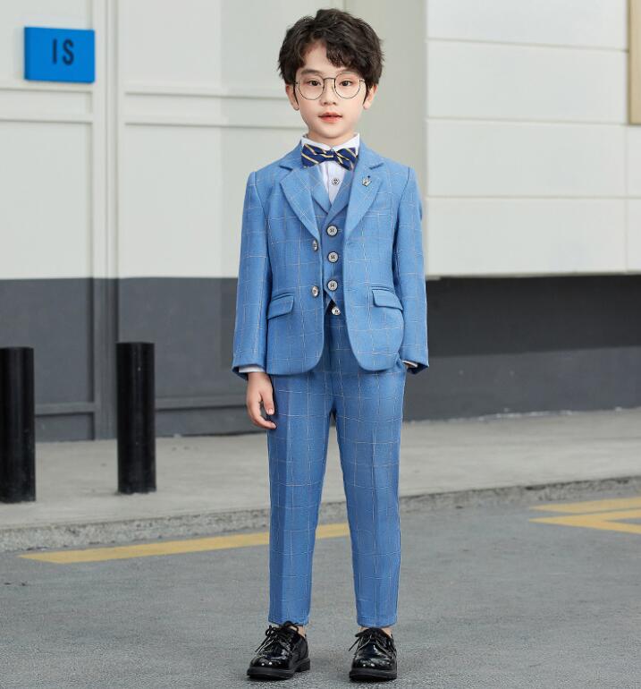 子供スーツセット 子供服 男の子 キッズスーツチェック柄 長袖フォマールスーツ4点 /5点/6点セット 卒業式 入学式 ピアノ発表会 ジャケット 長ズボン ジレ ベスト ワイシャツ 司会者 結婚式 発表会 イベント 新年会 舞台ステージ衣装 春 秋 90-170m - 2