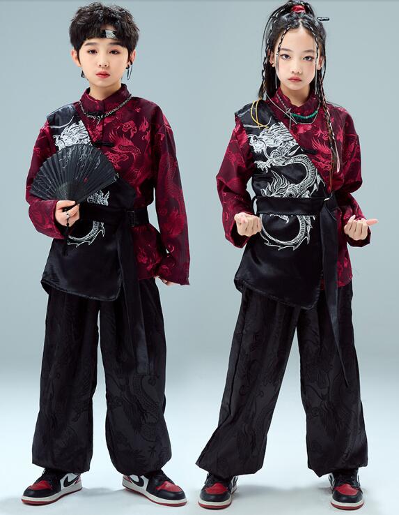 キッズ ダンス 衣装 セットアップ 中華風 チャイナ風トップス 子供 KPOP サルエルパンツ ヒップホップ 3点セット 長袖シャツダンス衣装 男女兼用 スポー...