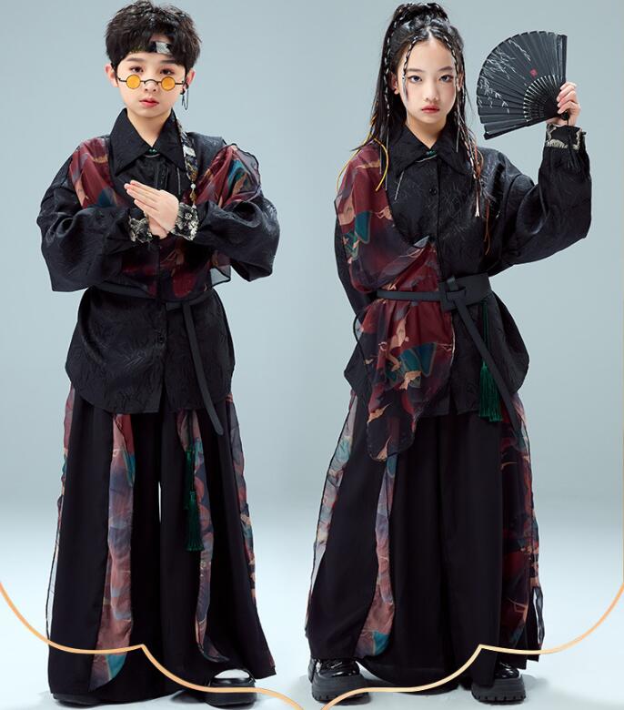 中華風ダンス衣装 キッズ ダンス 衣装 セットアップ チャイナ風トップス 子供 KPOP サルエルパンツ ヒップホップ 3点セット 長袖シャツダンス衣装 男女兼...