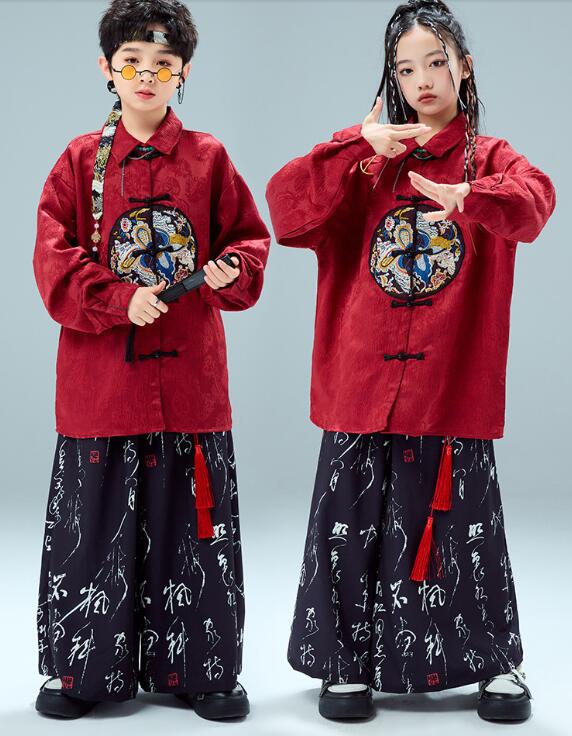 中華風ダンス衣装 キッズ ダンス 衣装 セットアップ チャイナ風トップス スカート風パンツ 子供 KPOP サルエルパンツ ヒップホップ長袖シャツダンス衣装 男...