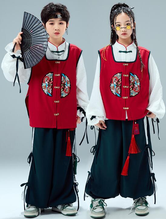 古典ダンス衣装 キッズ ダンス 衣装 セットアップ チャイナ風ベスト 長袖シャツ ワイドパンツ子供 KPOP サルエルパンツ ヒップホップ長袖シャツダンス衣装 ...