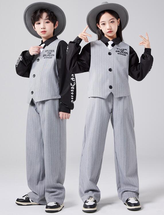 Rakuten - セットアップ ストライプ柄 ベスト+パンツ 2点セット ダンス衣装 子供 ヒップホップ長袖シャツ 3点セットダンス衣装 男女兼用 イギリス風 ダンスウェア サルエルパンツ jazz hipjop かっこいい ダンスウェア　120-180cm