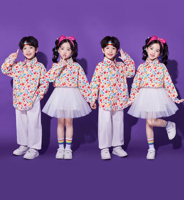 小花柄シャツ チアガールダンス衣装 セットアップ 子供ダンス衣装 シャツ舞台服 チアダンス チュチュスカート ロング丈パンツ ダンス衣装 子供 ヒップホップ ダンス衣装 男女兼用 幼稚園ダンスウェア jazz hipjop かっこいい ダンスウェア　100-180cm