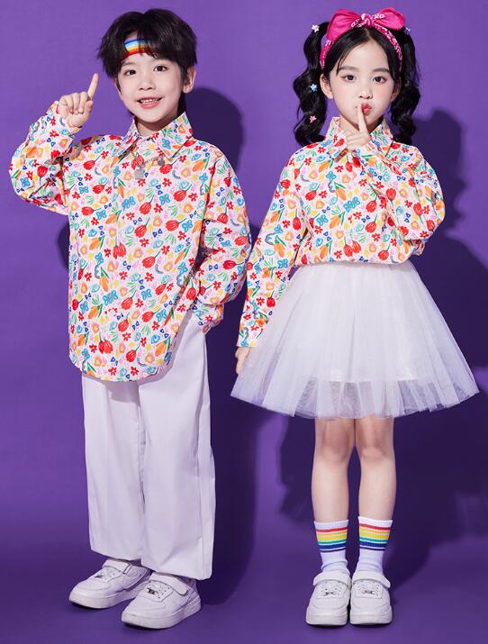 小花柄シャツ チアガールダンス衣装 セットアップ 子供ダンス衣装 シャツ舞台服 チアダンス チュチュスカート ロング丈パンツ ダンス衣装 子供 ヒップホップ ダンス衣装 男女兼用 幼稚園ダンスウェア jazz hipjop かっこいい ダンスウェア　100-180cm