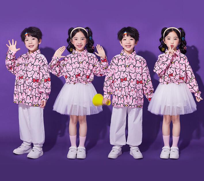 Rakuten - 兎柄シャツ チアガールダンス衣装 セットアップ ピンク 子供ダンス衣装 シャツ舞台服 チアダンス チュチュスカート ロング丈パンツ ダンス衣装 子供 ヒップホップ ダンス衣装 男女兼用 幼稚園ダンスウェア jazz hipjop かっこいい ダンスウェア　100-180cm