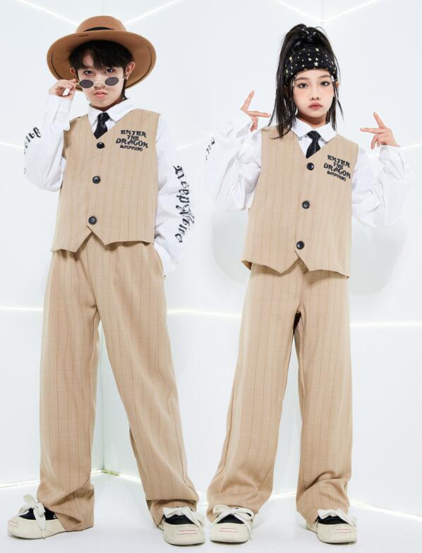 樂天商城 - 子供ダンス衣装 セットアップ ストライプ柄 ベスト+パンツ 2点セット ダンス衣装 子供 ヒップホップ長袖シャツ 3点セットダンス衣装 男女兼用 イギリス風 ダンスウェア サルエルパンツ jazz hipjop かっこいい ダンスウェア　120-180cm