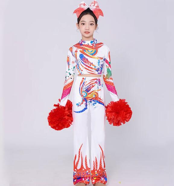 maybe02shopの子供ダンス衣装 女の子可愛い お試合 エアロビクス チアリーディングチアガール衣装 団体服 新体操 体操競技着用 女子ショート丈トップス/レオタード+パンツ 2タイプ チアリーディングコンテスト 長袖　伸縮性あり　110-180cm｜アングル2