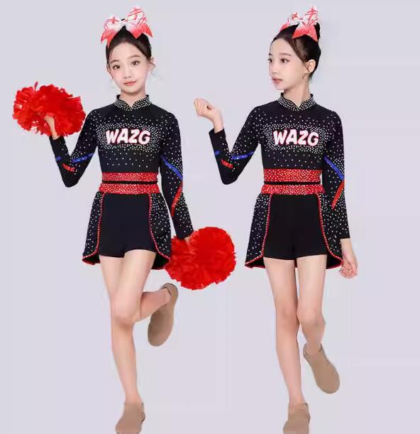 樂天商城 - チアガール衣装 ダンス衣装 女の子 黒＋赤エアロビクス チアリーディング 団体服 新体操 体操競技着用 女子ワンピース 女子レオタード+ショートスカート2点セット チアリーディングコンテスト 長袖　伸縮性あり　110-180cm