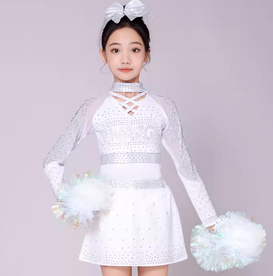 樂天商城 - チアガール衣装 ダンス衣装 女の子 白エアロビクス チアリーディング 団体服 新体操 体操競技着用 女子ワンピース 女子レオタード+ショートスカート2点セット チアリーディングコンテスト 長袖　伸縮性あり　110-180cm