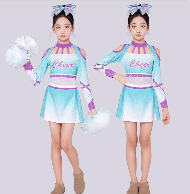 Rakuten - 女の子ダンス衣装 チアガール衣装 ダンス衣装 女の子 エアロビクス チアリーディング 団体服 新体操 体操競技着用 女子ワンピース 女子レオタード+ショートスカート2点セット ポンダンスチアリーディングコンテスト 長袖　伸縮性あり　110-180cm