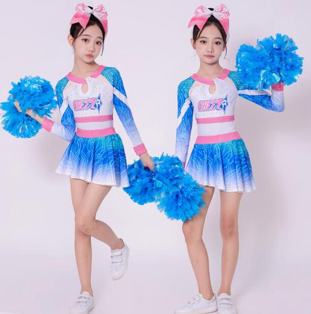 樂天商城 - 女の子ダンス衣装 チアガール衣装 ダンス衣装 不規則スカート 女の子 男の子　エアロビクス チアリーディング 団体服 新体操 体操競技着用 女子ワンピース 女子レオタード+ショートスカート2点セット ポンダンスチアリーディングコンテスト 長袖　伸縮性あり　110-180cm