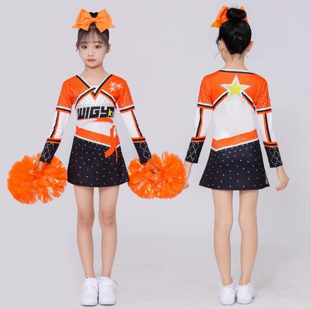 樂天商城 - チアガール衣装 ダンス衣装 女子ダンス 黒＋オレンジ 女の子 エアロビクス チアリーディング 団体服 新体操 体操競技着用 女子スカート 女子レオタード+ショートスカート2点セット チアリーディングコンテスト 長袖　伸縮性あり　110-180cm