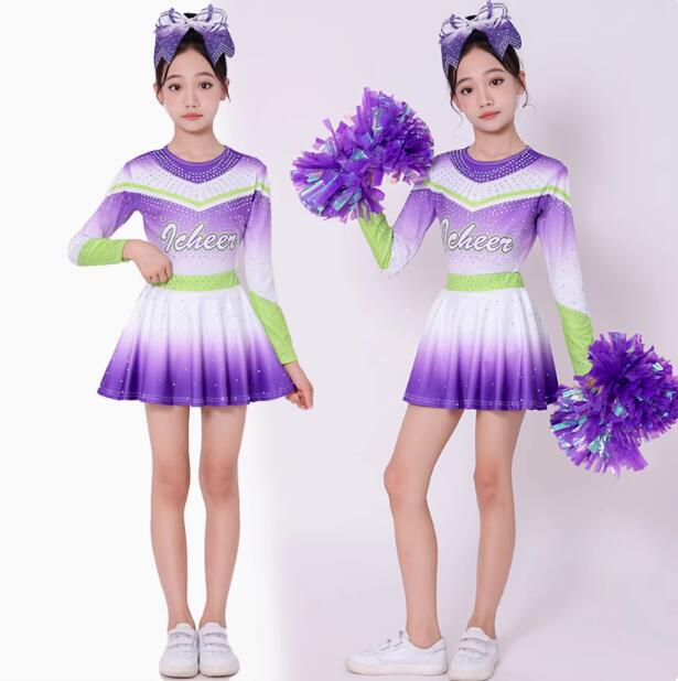 樂天商城 - パープル 長袖レオタード スカートチアガール衣装 髪飾り付きダンス衣装 女子ダンス男子トップス＋パンツ エアロビクス チアリーディング 団体服 新体操 体操競技着用女子スカート 女子レオタード+ショートスカート2点セット チアリーディングコンテスト伸縮性あり120-180cm