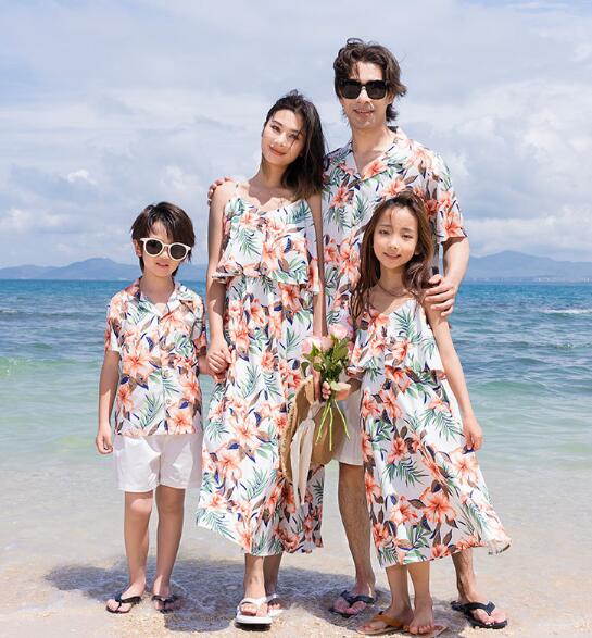 樂天商城 - 親子ペアルック 花柄 家族お揃い衣装 親子ペア 夏 パパと息子 メンズアロハシャツショートパンツ 花葉プリントママ ワンピース 女の子 子供男の子カジュアルシャツ開襟シャツ海リゾート旅行お出かけ美品　親子ペアルック90-160　S-3XL