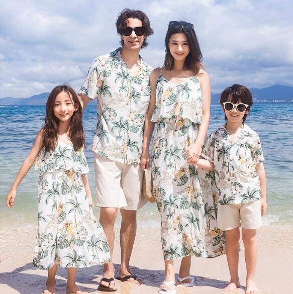 アロハシャツ 親子ペアルック 葉柄 家族お揃い衣装 親子ペア 夏 ワンピース パパと息子 メンズアロハシャツショートパンツ 花葉プリントママ ワンピース 女の子 子供男の子カジュアルシャツ開襟シャツ海リゾート旅行お出かけ美品　親子ペアルック90-160　S-3XL