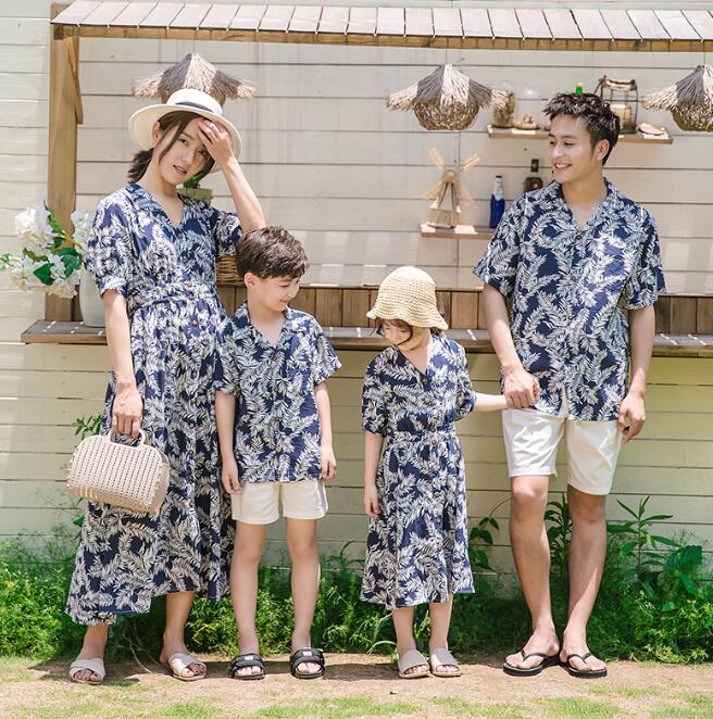 アロハシャツ 葉柄 家族お揃い衣装 親子ペアルック 半袖Vネックワンピース 可愛いドレス親子ペア 夏 パパと息子 旅行撮影 結婚式 家族服メンズアロハシャツショートパンツ ママ ワンピース 女の子 男の子カジュアルシャツ開襟シャツ海リゾート旅行お出かけ美品90-160S-3XL
