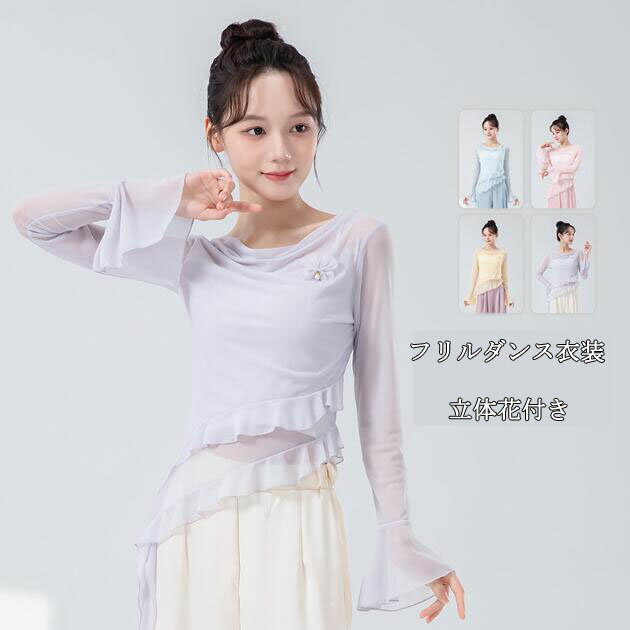 樂天商城 - メッシュ長袖Tシャツ 社交ダンス衣装 フリル袖 ラッパ袖 飄逸 可愛い レディース ブラウス 肌透 社交ダンス バレエダンス 古典ダンス衣装 シースルー チュール フレア袖Tシャツ ダンストップス 中華風 演出服 練功服 4色