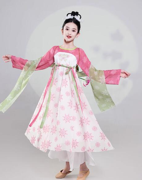 子供ダンス衣装 チャイナ風ドレス 古典ダンス モダンドレス 女の子 長袖 ワンピース ショール 飄逸 シフォンパンツ フリルリボン グラデーション 社交ダンス フラメンコ ダンス ドレス 合唱 演奏 ロング120 130 140 150 160 170