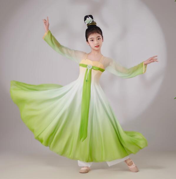 樂天商城 - 子供ダンス衣装 長袖ワンピース 大きい裾 古典ダンス モダンドレス 女の子 長袖 トップス +ガウチョパンツ 飄逸 シフォンパンツ フリルリボン グラデーション 社交ダンス フラメンコ ダンス ドレス 合唱 演奏 ロング110 120 130 140 150 160 170
