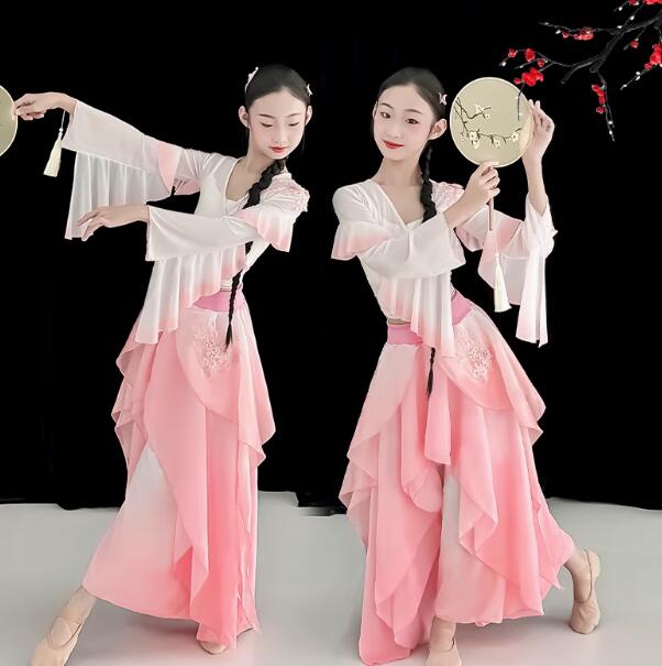 樂天商城 - 子供ダンス衣装 社交ダンス衣装 トップス シフォンパンツ ワイドパンツ フリル 袖 トップス+ガウチョパンツ+キャミソール3点セット 大きい裾 古典ダンス モダンドレス 女の子 飄逸 グラデーション 社交ダンス ダンス 合唱 演奏 ロング120 130 140 150 160 170