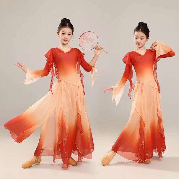 紗衣 フリル 飄逸 女の子ダンス衣装 オレンジ 中華風ダンス 社交ダンス衣装 トップス+ シフォンパンツ+キャミソール ワイドパンツ 古典ダンス モダンドレス 女の子 飄逸 民族ダンス衣装 グラデーション 社交ダンス ダンス 合唱 演奏 ロング120 130 140 150 160 170