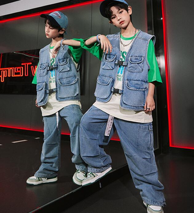 樂天商城 - 子供ダンス衣装 デニムベスト デニムパンツ セットアップ 子供ダンス衣装 半袖Tシャツ 2点セット/3点セット ダンス衣装 子供 ヒップホップ　ダンス衣装 男女兼用 ダンスウェア サルエルパンツ jazz hipjop かっこいい ダンスウェア　120-180cm